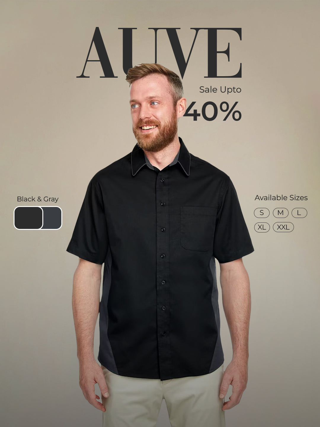 AUVE - Men's Short Sleeve Bowling Shirt - Black / Dark Charcoal