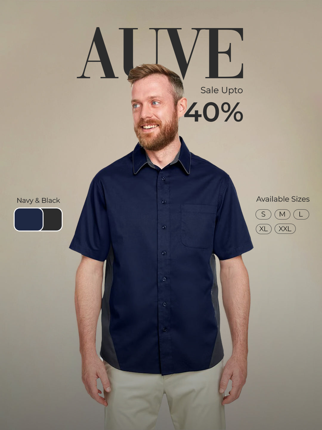 AUVE - Men's Short Sleeve Bowling Shirt - Dark Navy / Dark Chrc