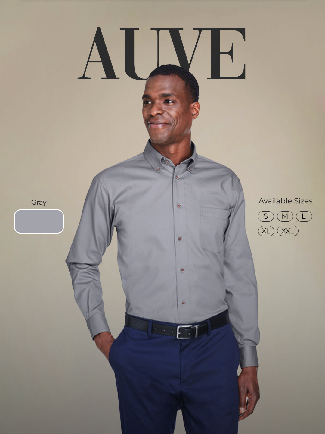AUVE- Men Long-Sleeve Twill Shirt - Dark Gray