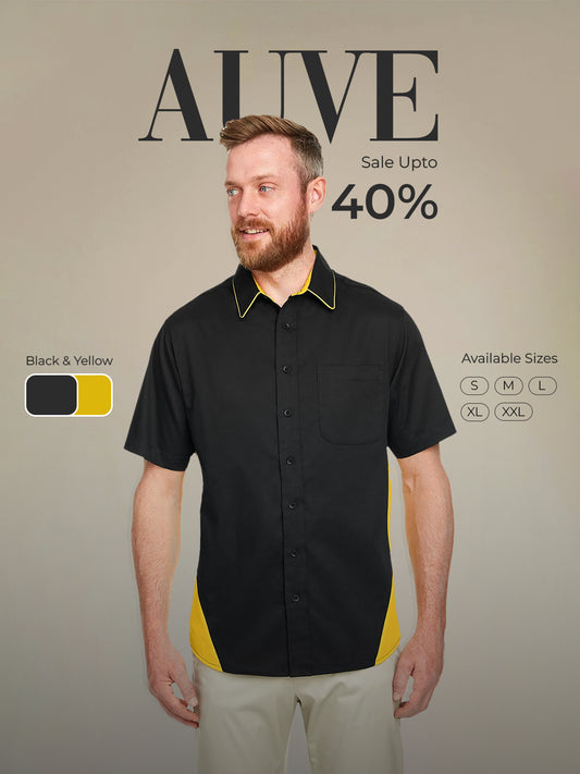 AUVE - Men's Short Sleeve Bowling Shirt - Black / Snry Yllw