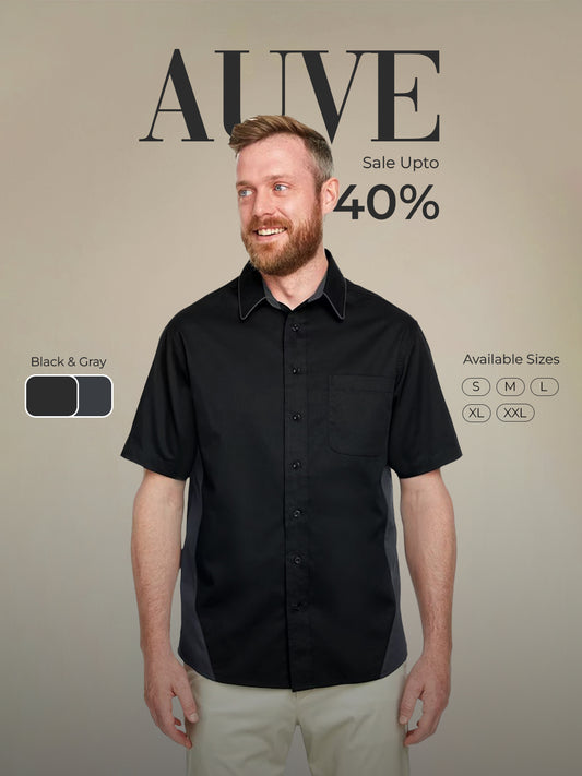 AUVE - Men's Short Sleeve Bowling Shirt - Black / Dark Charcoal