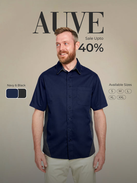 AUVE - Men's Short Sleeve Bowling Shirt - Dark Navy / Dark Chrc